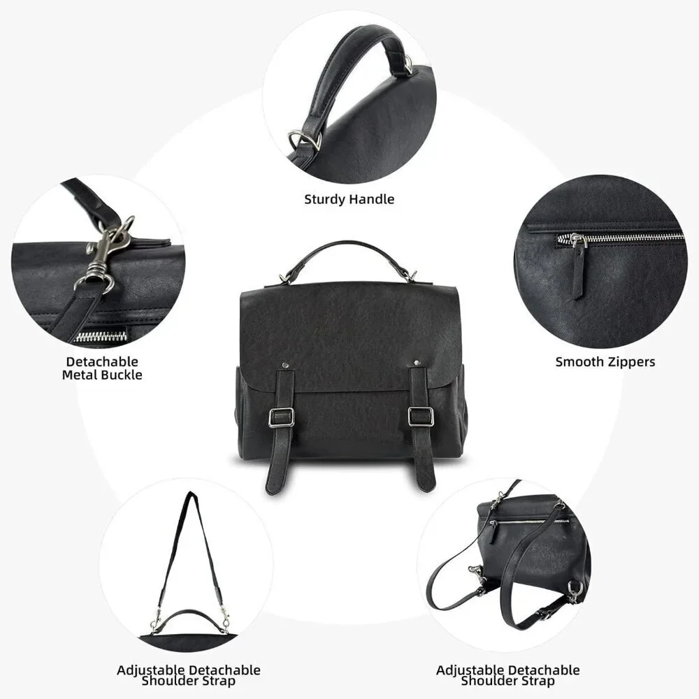 Black Leather 3-in-1 Backpack Handbag Tote for Women Work Travel Casual